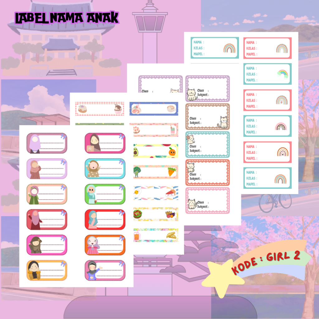 

Label Nama Anak Perempuan Girl 2 hijab kucing pelangi set isi >50pcs (tergantung ukuran)