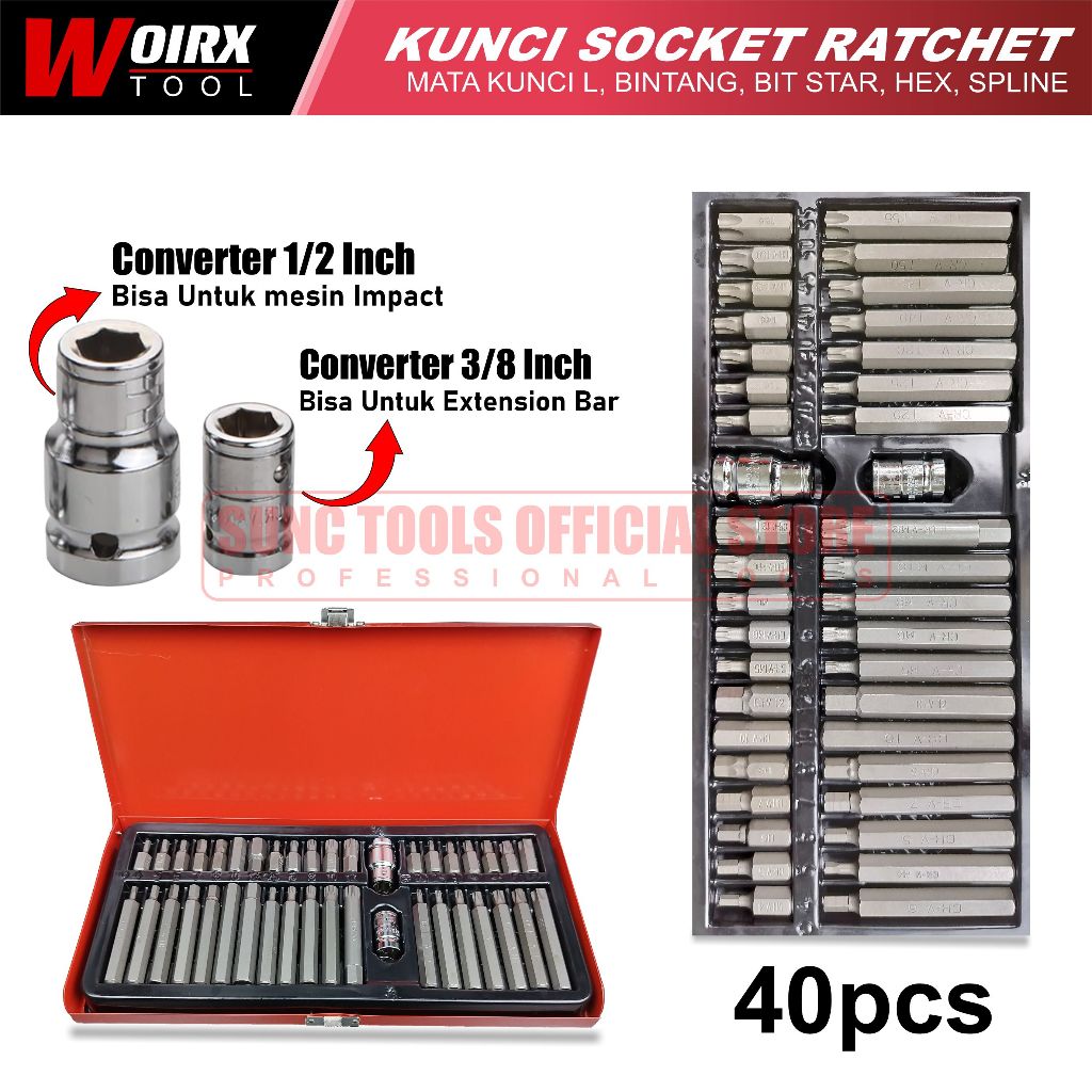 WOIRX TOOL Mata Kunci SET Mata Kunci L Bintang Socket Ratchet 40pcs Mata Kunci Mesin Impact Star Hex