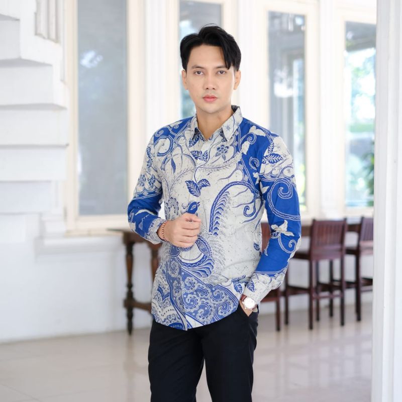 Warna Biru Denim Kemeja Batik Pria Slimfit Lengan Panjang Lapis Furing Baju Batik Pria Jumbo