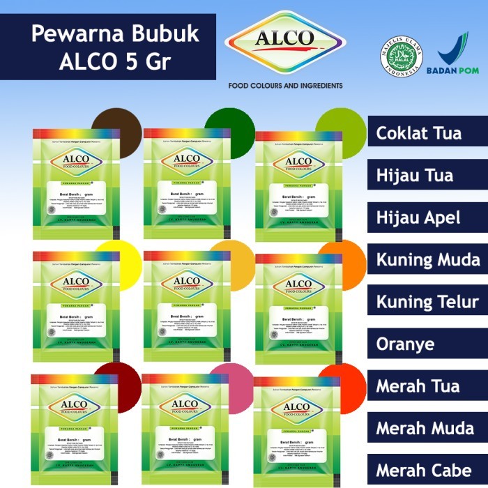 

PEWARNA BUBUK ALCO 5 GR SACHET WARNA MAKANAN FOODGRADE