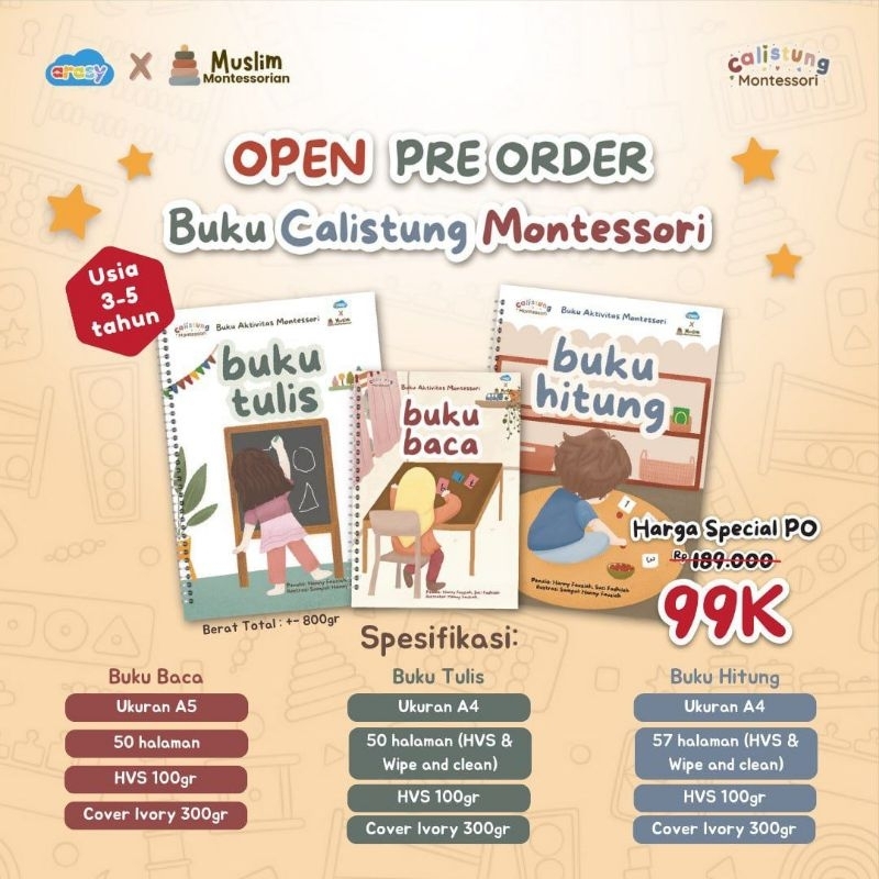 Buku Calistung Montessori (Buku Baca, Buku Hitung, Buku Menulis)