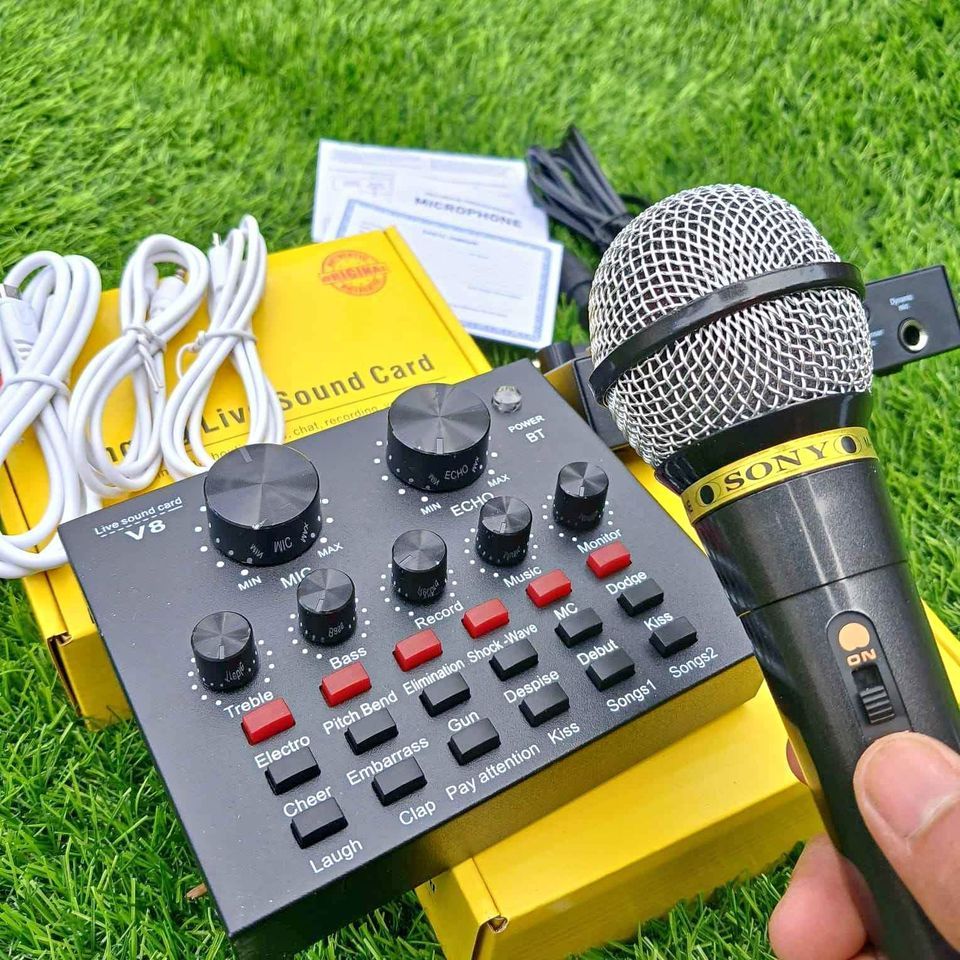 nada__77 Paket Karaoke Mixer Audio Soundcard V8 Bluetooth dan Mic Sony