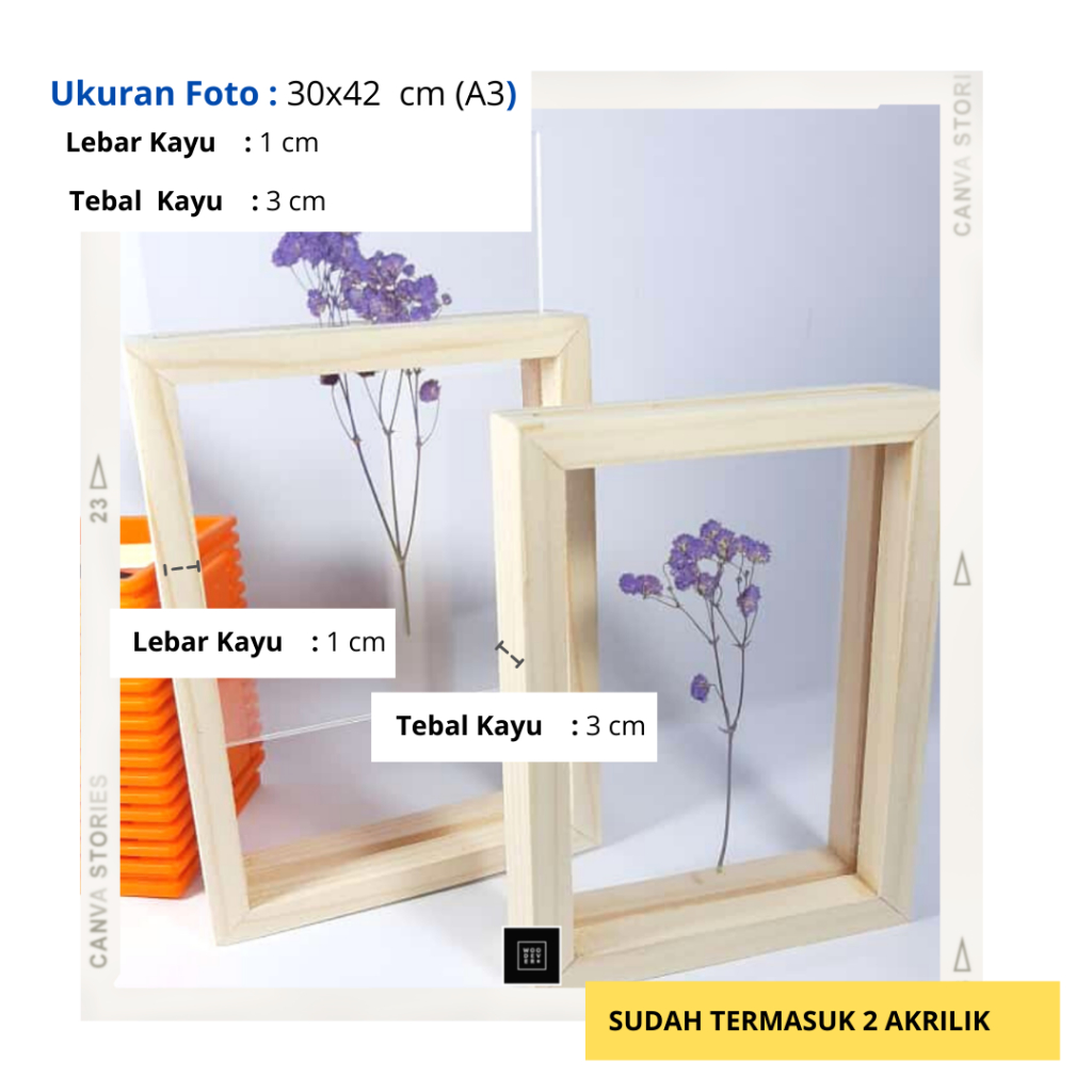 Frame A3 2 Sisi Bingkai Kayu - Frame Foto Double Glass
