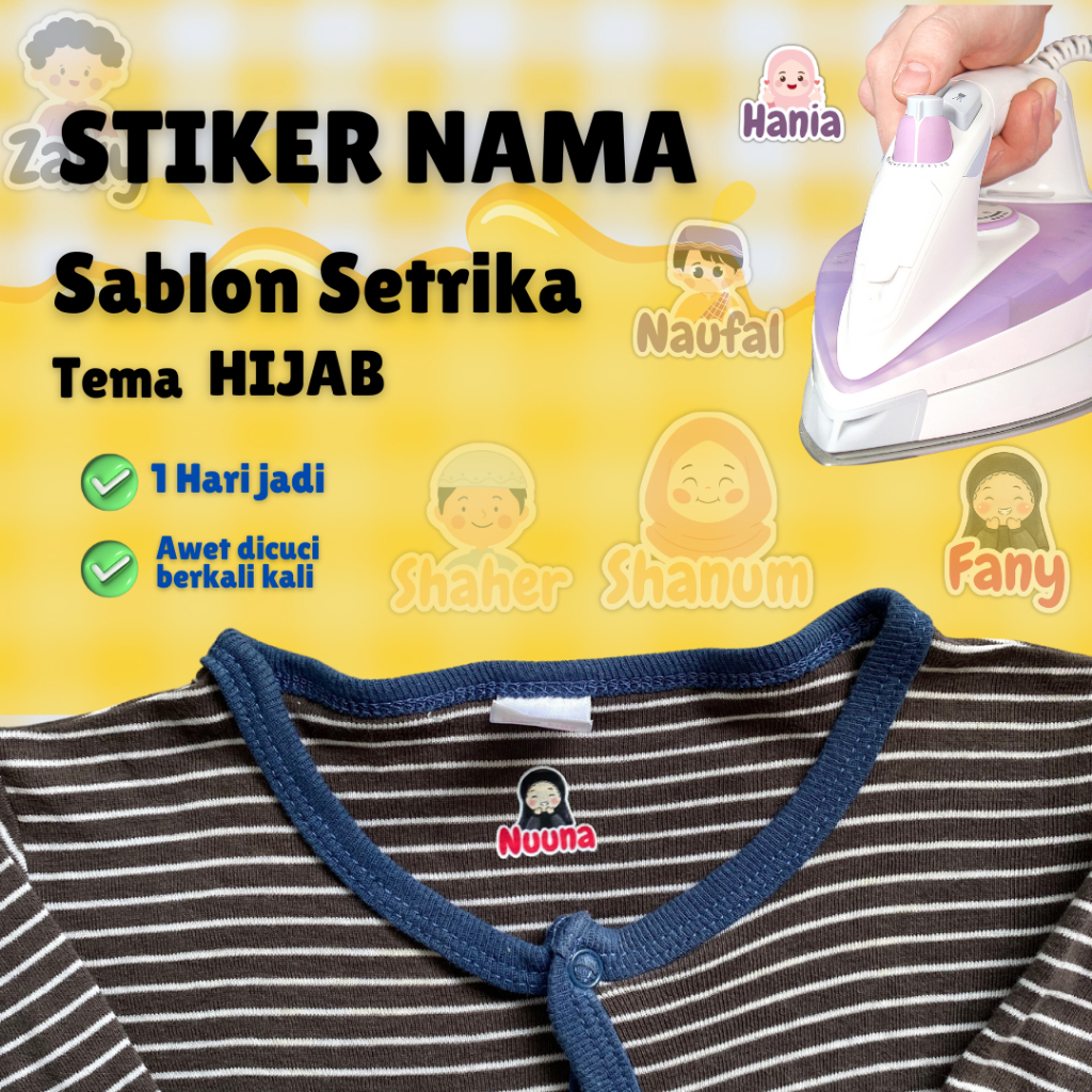 

(TEMA ISLAMI KEPALA) Stiker Label Nama Kain Baju Kaos Sablon Setrika Sticker Custom Tulisan isi 50pc