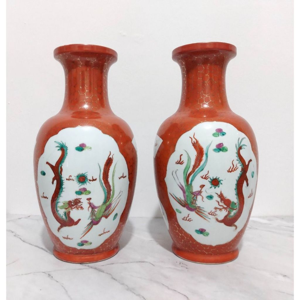 Guci Porselen Kembar Tinggi 36cm Vas Bunga Naga and Phoenix Fenghuang Chinese Red Glazed Antik