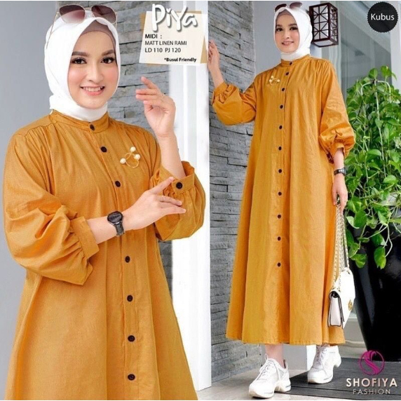 Piya midi Dress Gamis midi wanita polo linen