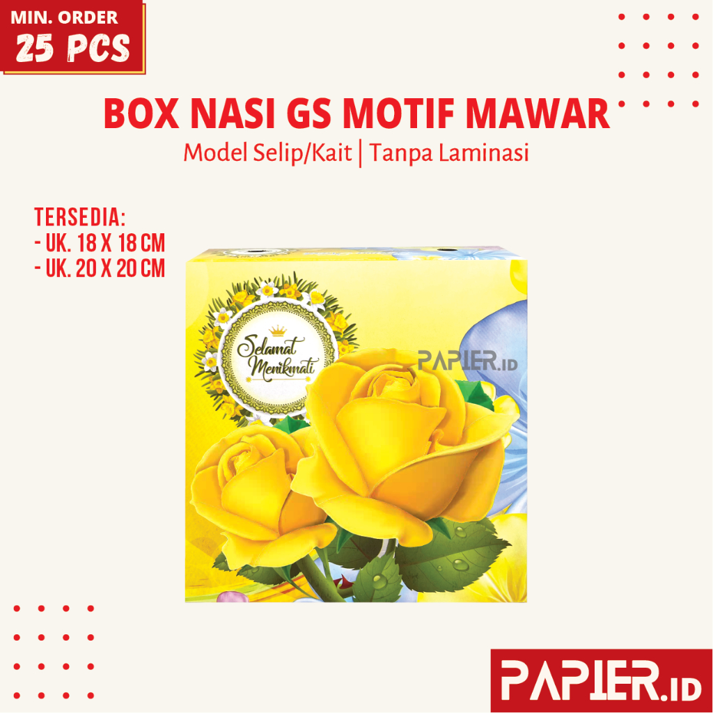 

Box Nasi GS Motif Mawar Kuning uk. 18x18 , 20x20 cm Tebal 350gr Tanpa Laminasi / Dus Snack Kotak Makanan