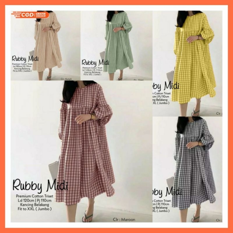 Midi Dress Wanita Jumbo Kotak Kotak Bahan Katun Triset Ruby Midi Gingham