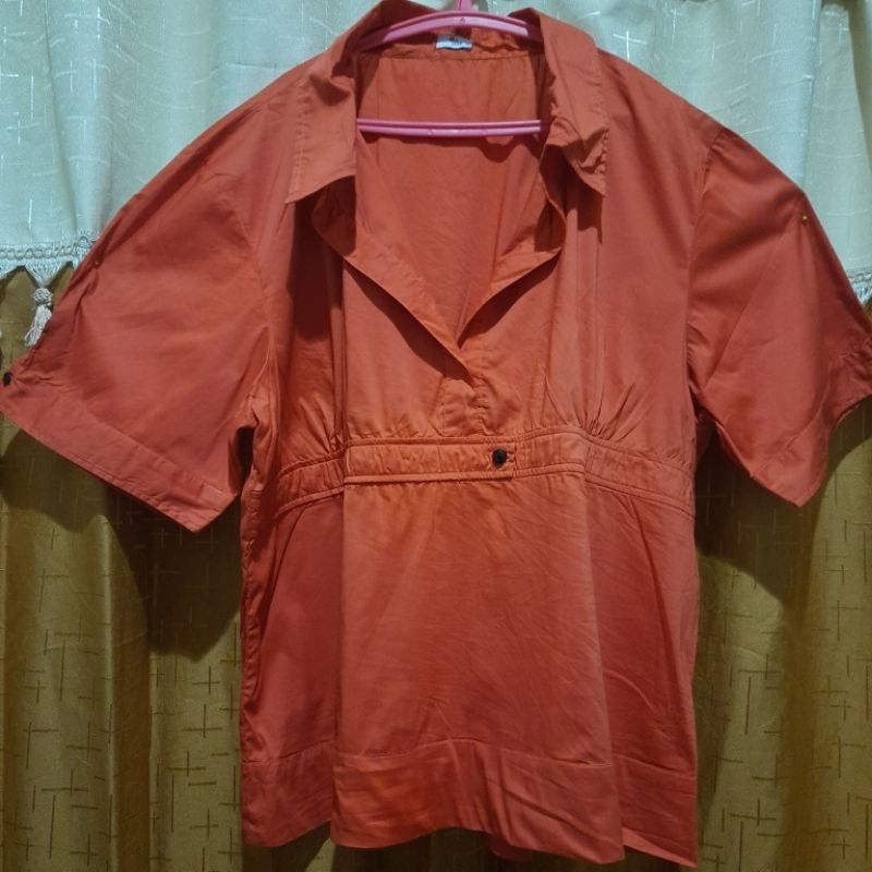 Baju Blouse Kemeja Wanita Jumbo Big Size Lengan pendek Orange Preloved