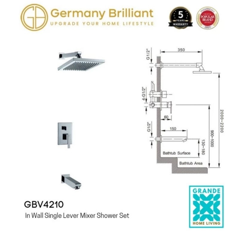 Germany Brilliant Shower Tanam dengan Head Shower + Spout Kran GBV4210