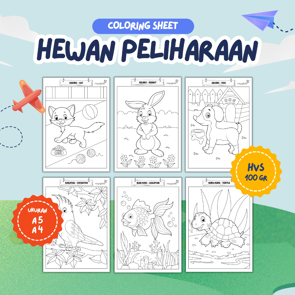 

Lembar Mewarnai/Kertas Mewarnai/Coloring Sheet - Tema Hewan Peliharaan - Ukuran A4 & A5 - Kertas HVS Tebal 100 gram