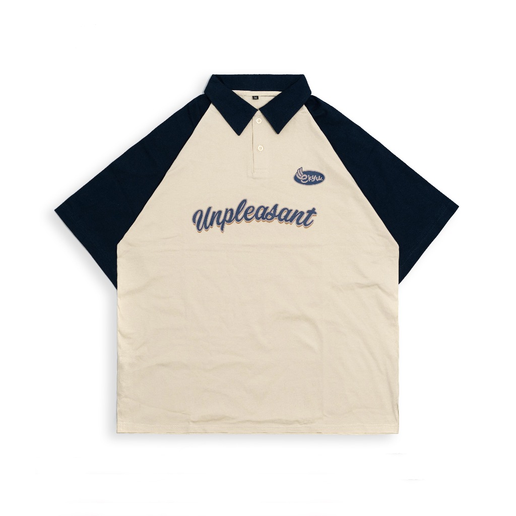 "UNPLEASANT" Kaos Polo Shirt Raglan Pendek Cutting Oversize Warna Cream by Ekyu