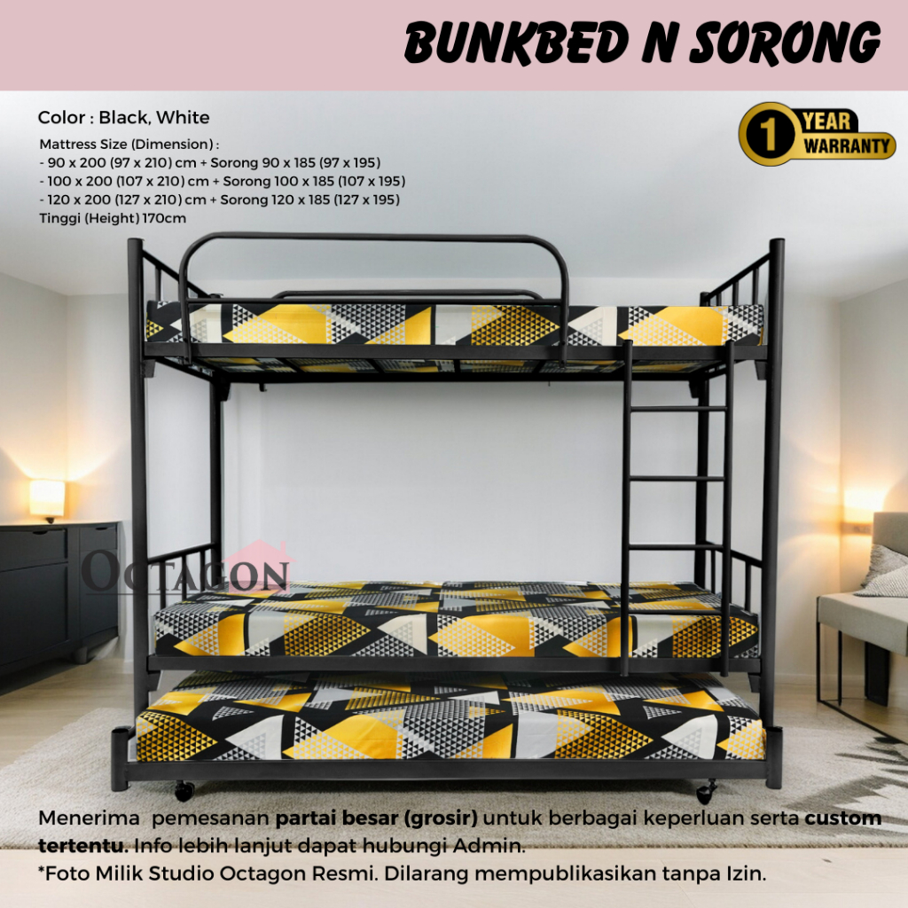 Ranjang Besi Susun Sorong Tarik 3 Tingkat 90x200 100x200 120x200 (2SS)