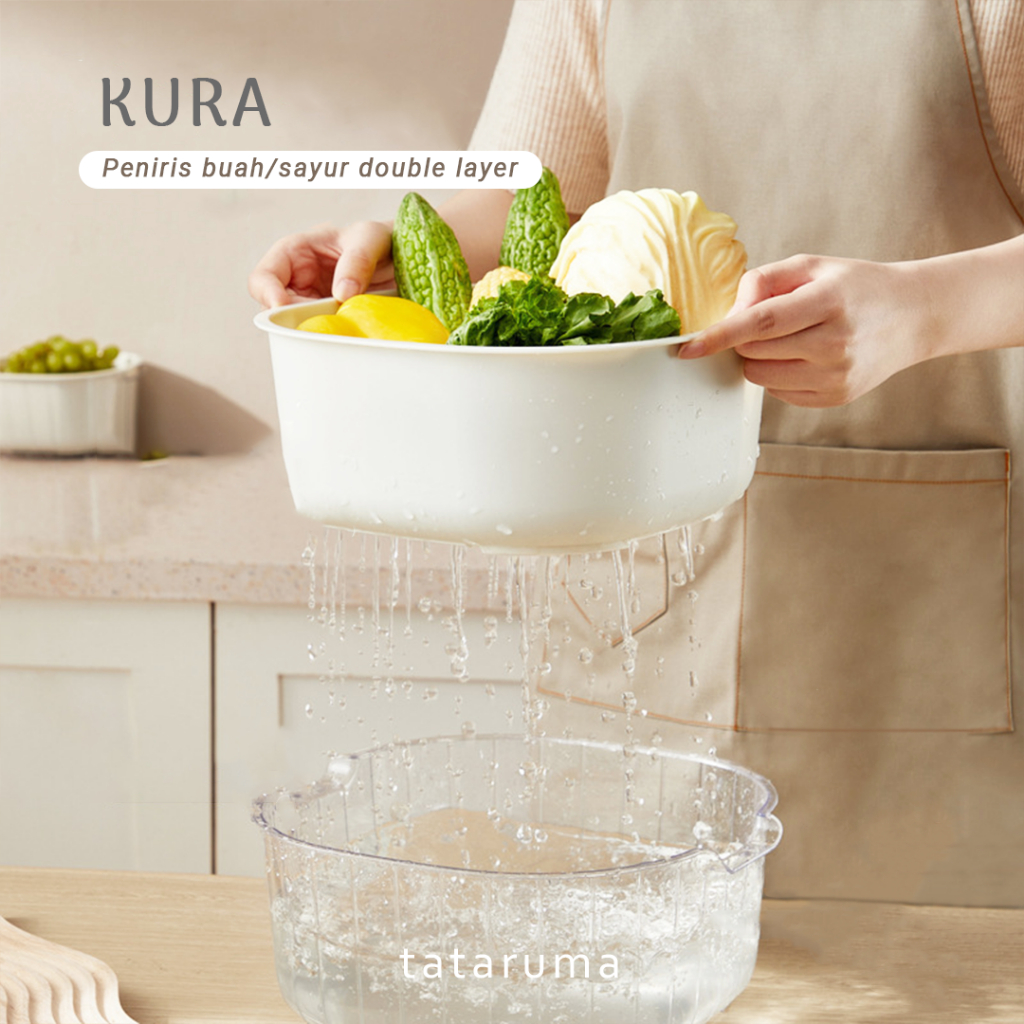 TATARUMA Kura - Wadah Cuci Peniris Food Grade Baskom Buah Sayur Dua Lapis Double Layer