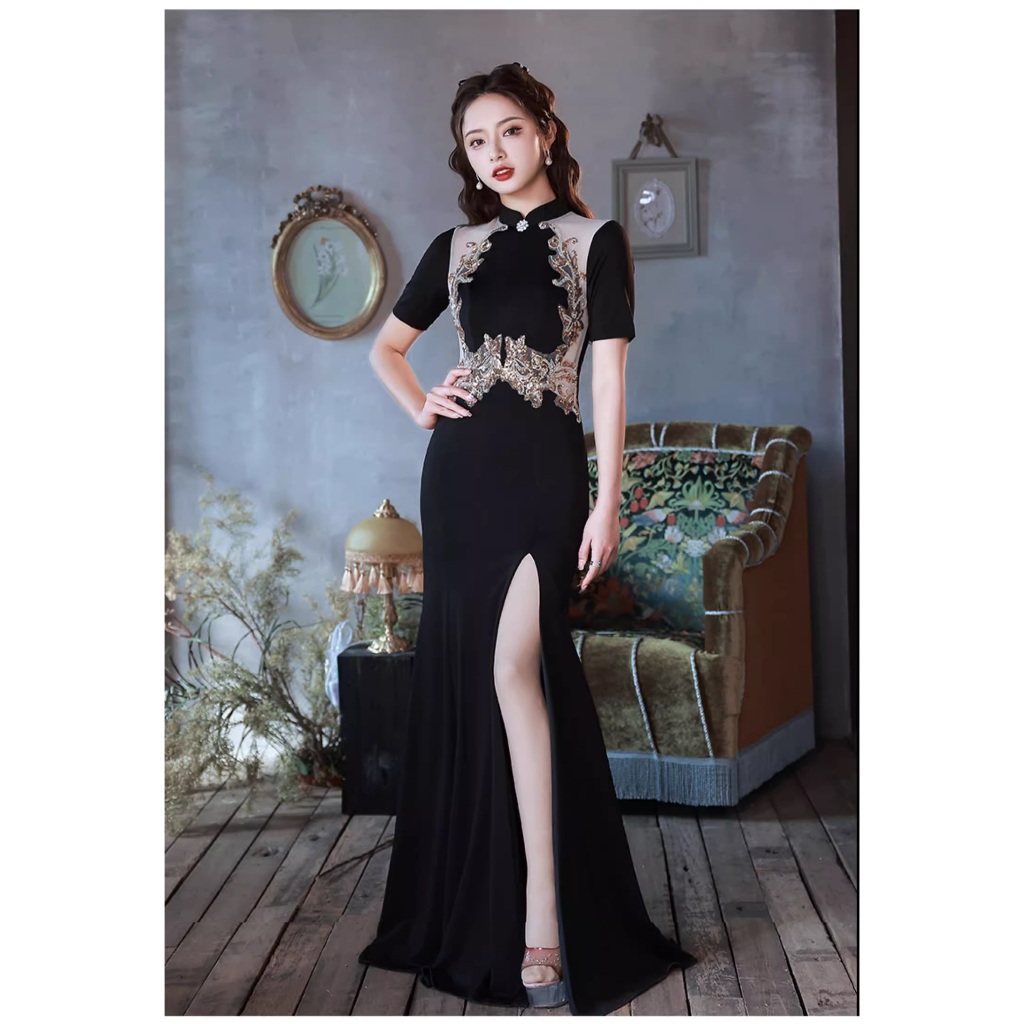 Gaun Pesta 2408012 Hitam Lengan Pendek Leher Shanghai Mermaid Party Dress