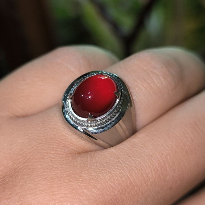 Cincin Batu Akik Natural Red Baron Pacitan Asli Merah Darah Ring Monel Doff Perak Handmade Elegan Si