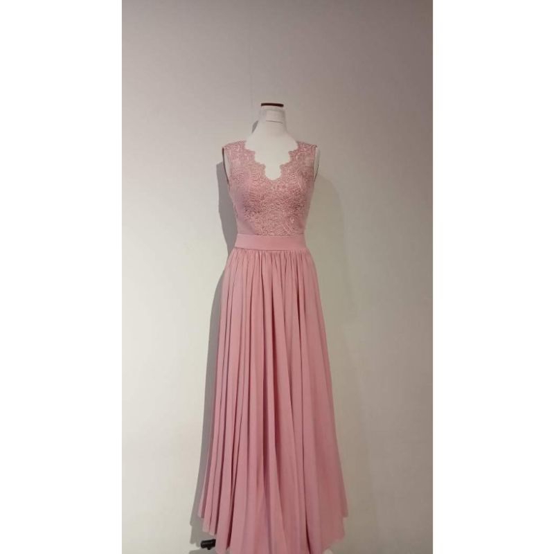 Jual gaun dress pesta long dress dusty pink