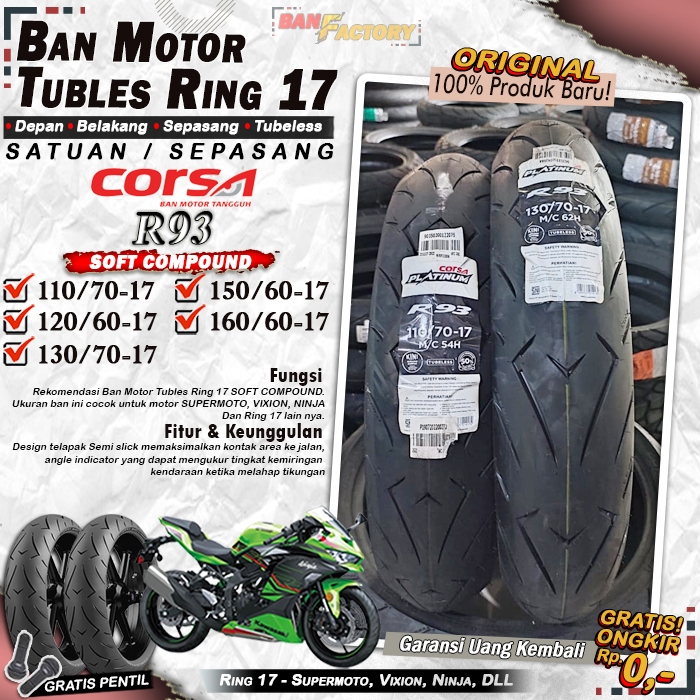 Ban Motor  CORSA R93 Ring 17 Tubeless Ban Tubles Depan Belakang Motor Bebek Vixion Moge Ring 17