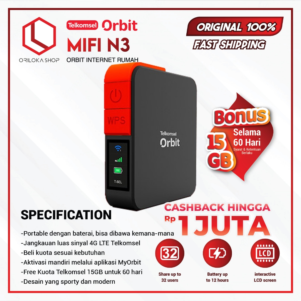 Telkomsel Orbit Mifi N3 | HKM M23 Modem Mifi Wifi 4G Portable | High Speed Bonus Data