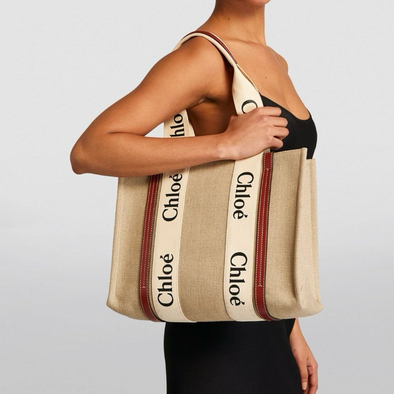 Original Chloe Medium Woody Tote Bag in Linen Canvas x Shiny Calfskin