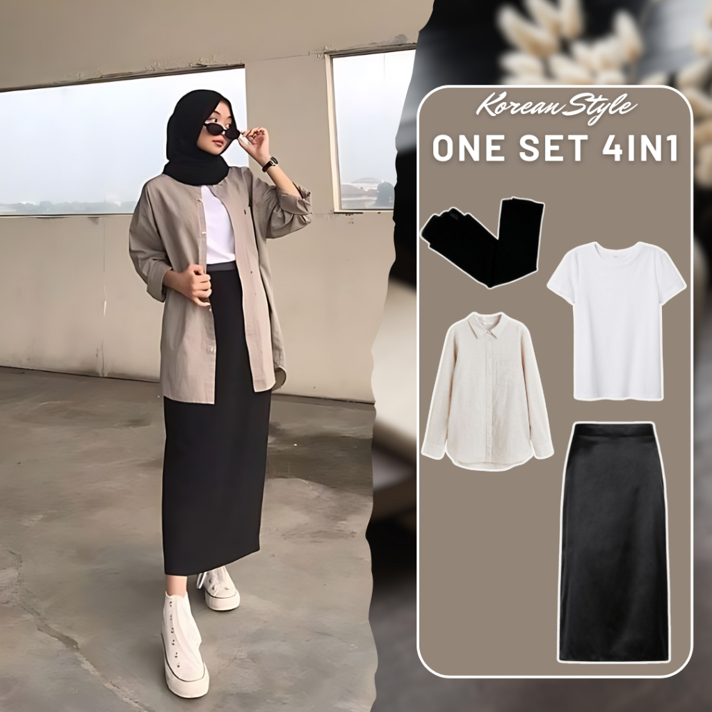 4in1 One Set Korean Casual Style [Kemeja Linen Oversize dengan Rok Span + T-shirt putih dan Pasmina 
