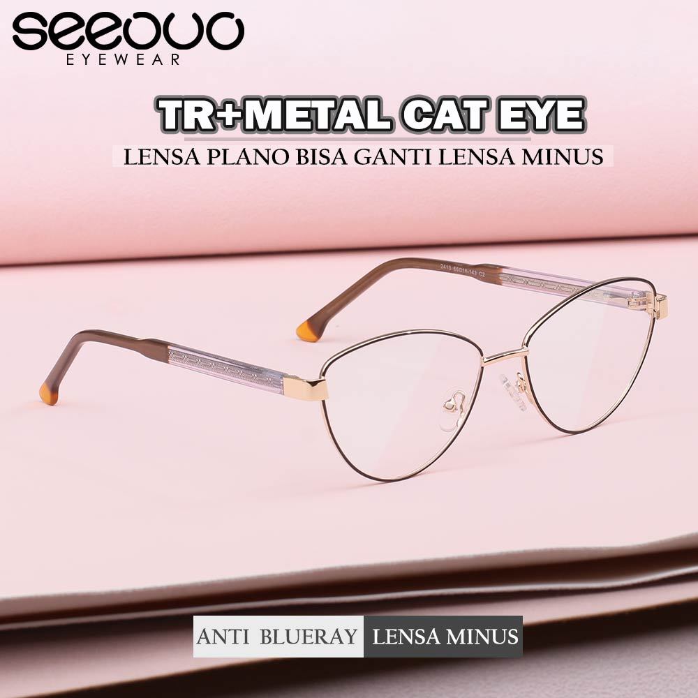 Seeouo Frame Kacamata Plano Lens Model Cat Eye Stylish Metal+TR Ringan Fashion Wanita Asian Fit Bisa