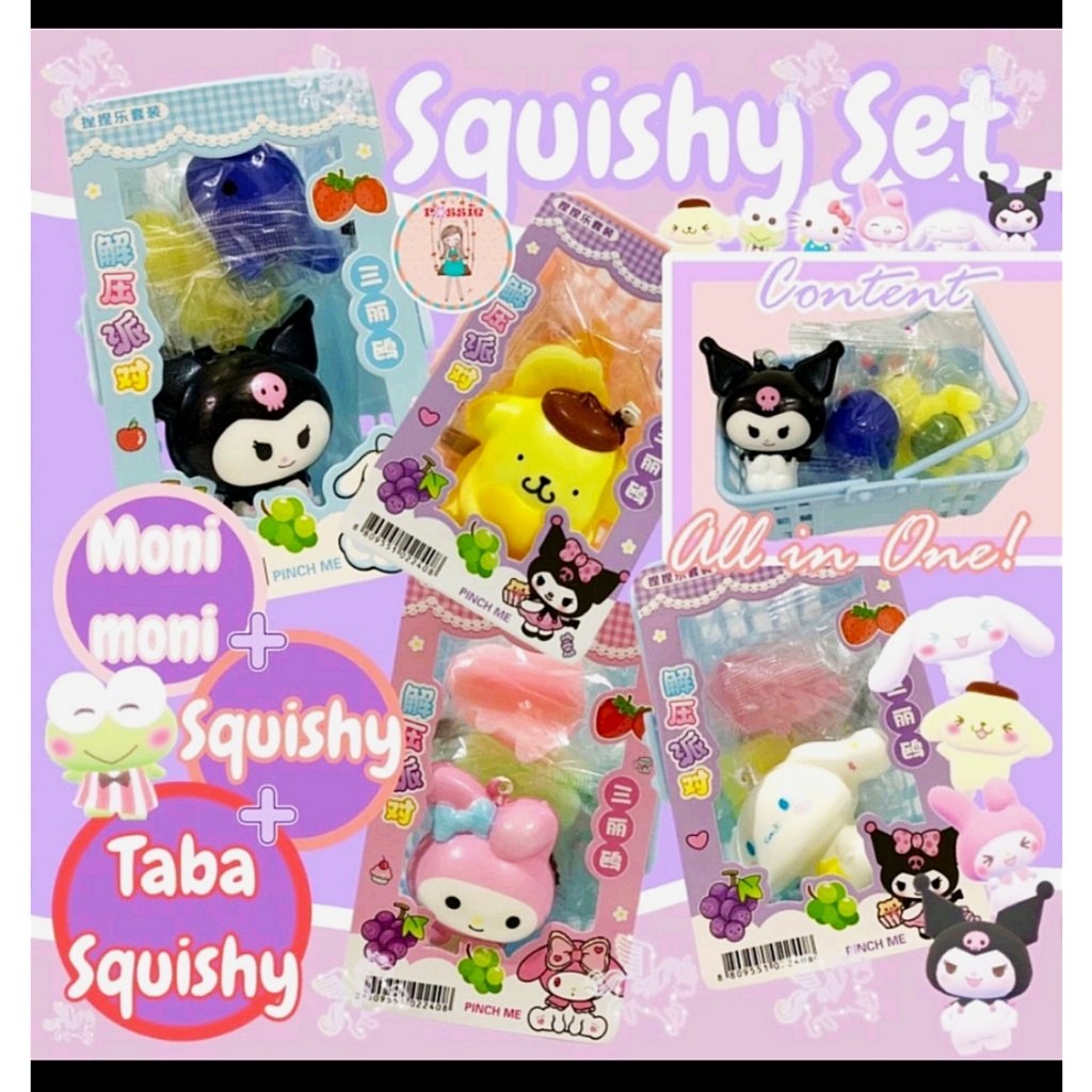 Mainan Squishy Sanrio moni-moni dan jelly suntik satu set cute Viral splat toys