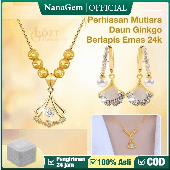 【HOT Promo】Set Anting Kalung Emas Asli 24k Anting Mutiara Emas 22k Lombok Kalung Anting Daun