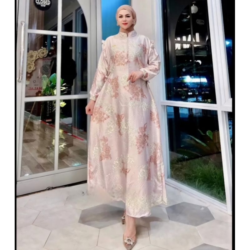Gamis Luxury Maxmara Dior Silk Motif Bunga Dusty