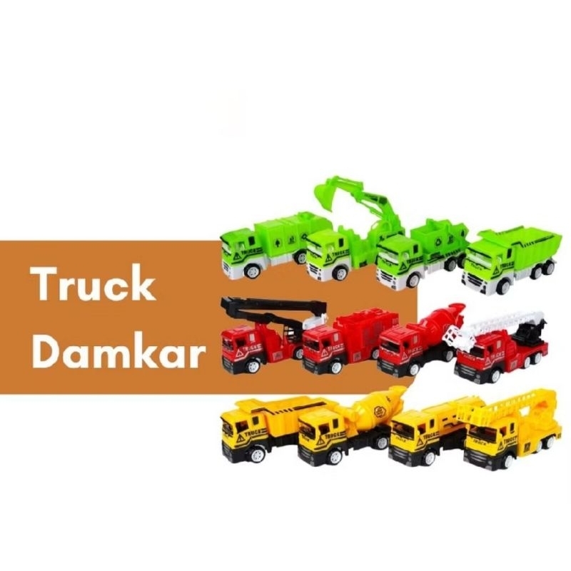 Set Truk Pengangkut Sampah Truk Damkar Truk konstruksi Mainan Anak Mobil Truck isi 4 Topper Hiasan D