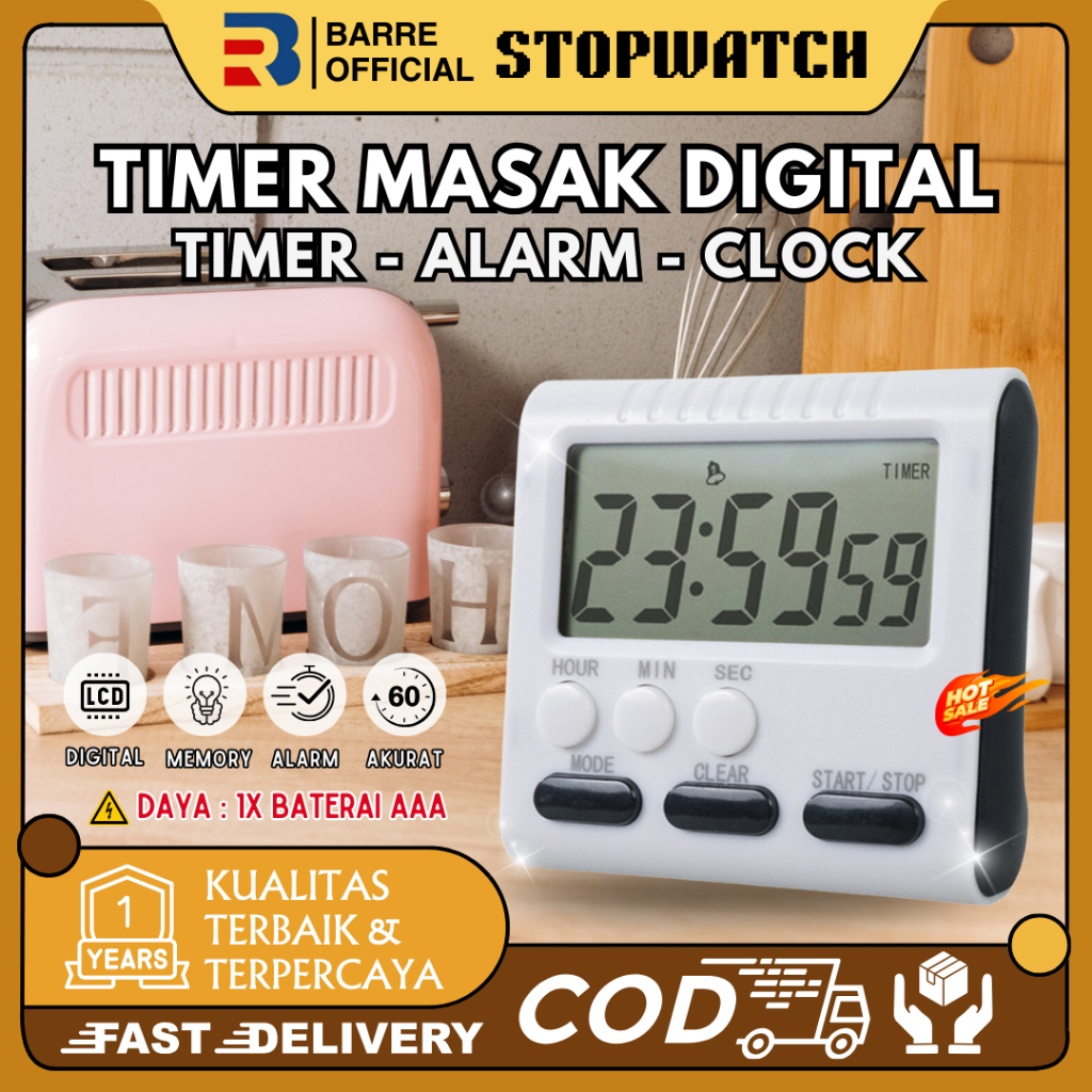 BARRE Digital Kitchen Timer Stopwatch Masak Dapur Cooking Alarm Elektrik Jam Timer Masak UPVC