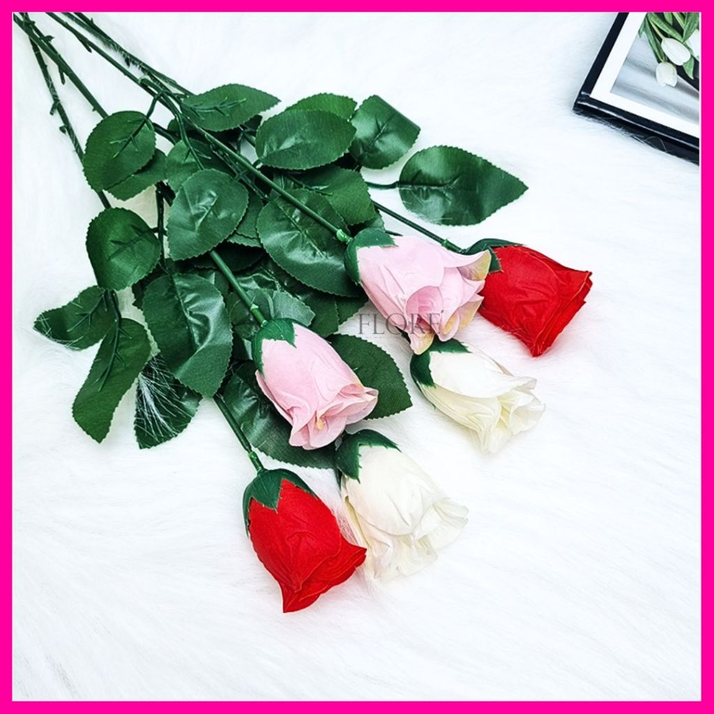 Bunga Plastik Mawar Kuncup / Bunga Dekor 1 Tangkai / Bunga Artificial / Bunga Palsu (KN-390)