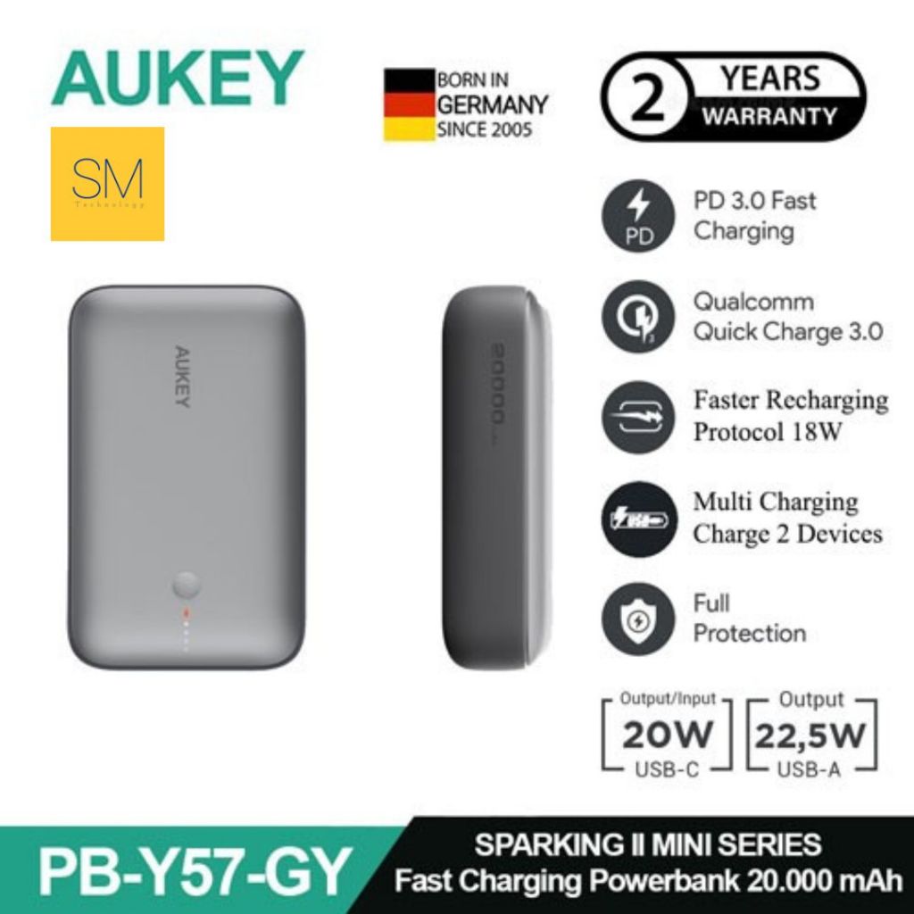 AUKEY Mini Powerbank 20000 mAh Vooc 22.5 W Fast Charging Type C & USB A PB-Y57 - Y57 20000
