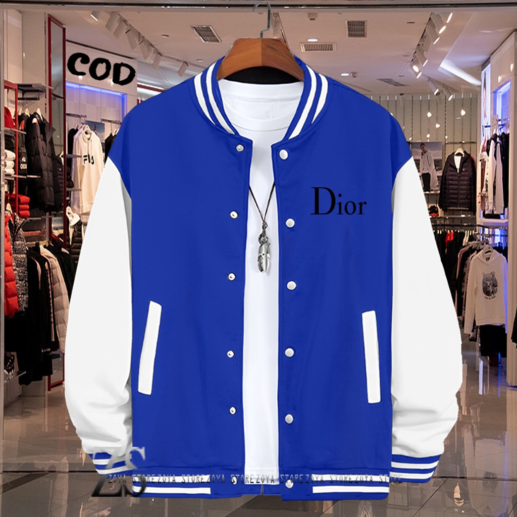 Cod Sweater Jaket Varsity Baseball Kancing Dior Text Hitam Quality Premium / Baseball Distro Pria Wa