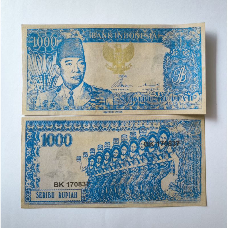 uang souvenir 1.000 sukarno melengkung gambar penari serimpi 9 miring soufenir 1000 soekarno