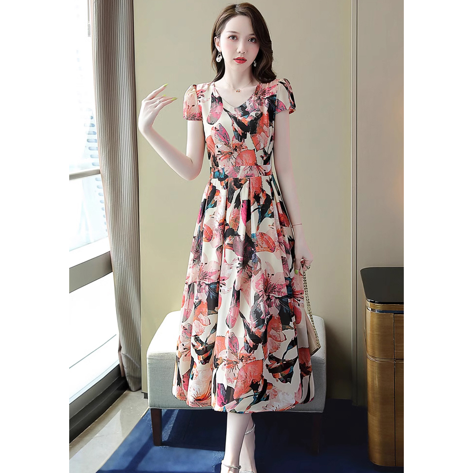 dress wanita korea v-neck motif bunga D8129