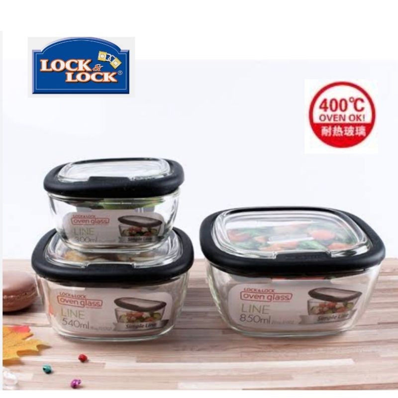 Lock n Lock Oven Glass Tahan Panas 300ml Line Square Container Hitam / Wadah Kaca Lock n lock