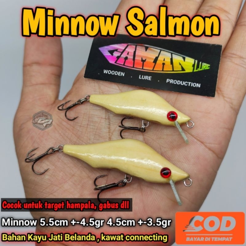 Minnow Kayu Salmon / Minnow Kayu Gaman Lure / Umpan Minow Casting Hampala