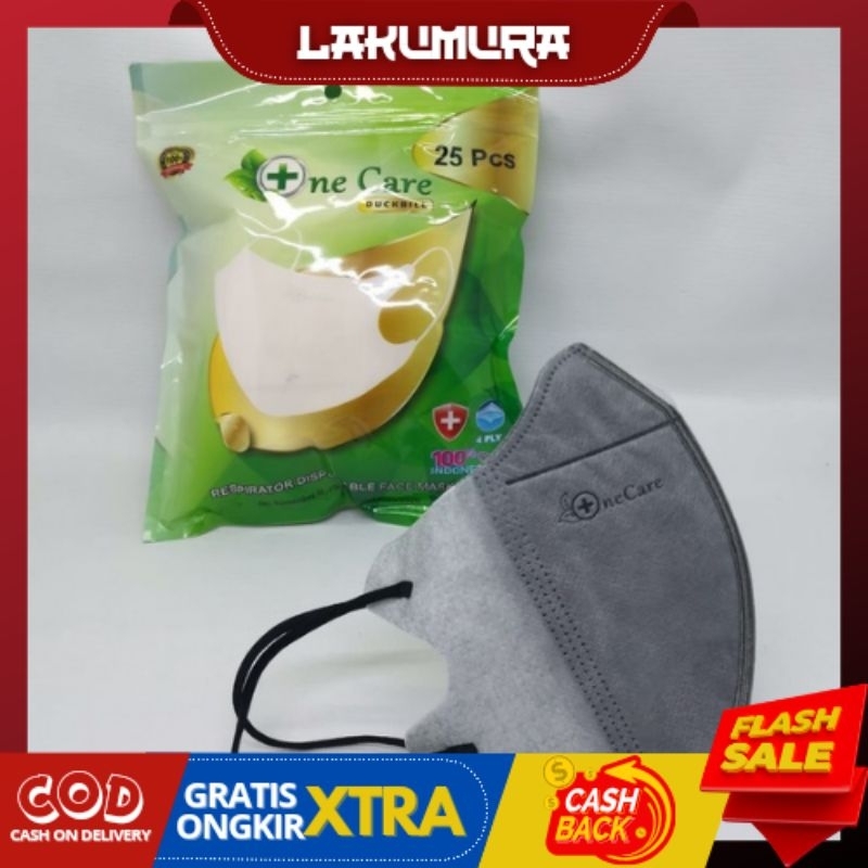 Masker Duckbill One Care Abu-Abu 25 Pcs 4 Ply Disposable Face Mask