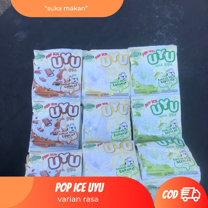 

POP iCE UYU KOREAN MILKY CHOCO/BANANA/MATCHA FlAVOUR (Beli 1 renceng GRATIS 5 sachet)