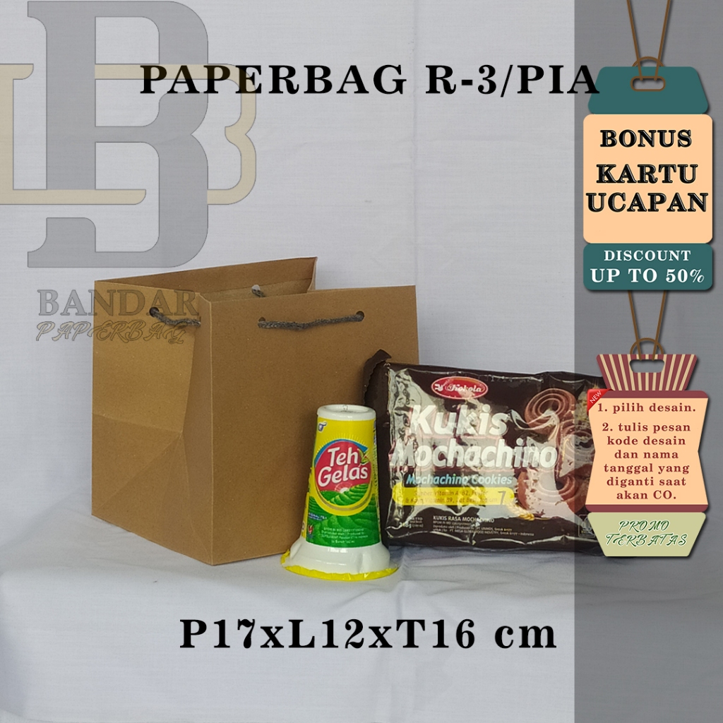 

PAPERBAG BONUS KARTU UCAPAN UKURAN R-3/PIA (P17 x L12 x T16 CM) WARNA COKELAT POLOS