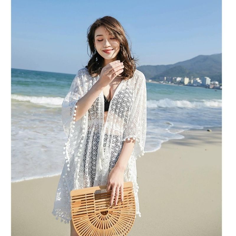 25520 Baju minidress DESIREE LACE DRAWSTRING WAIST COVER UP lengan kalong mini dress putih dres pant