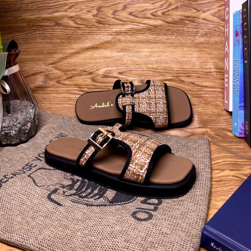 Sandal Platform Wanita Tali Gesper Motif Rajut Trendy Flat Shoes Korean Style Kekinian Terbaru 2024