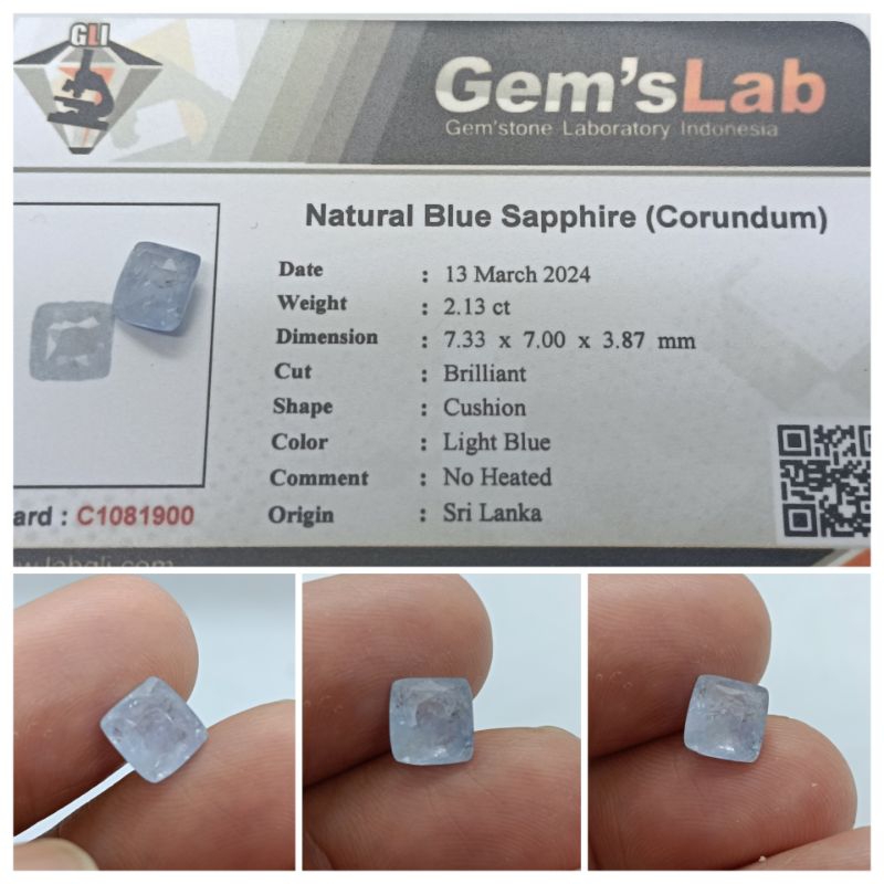 Natural blue sapphire Ceylon 2,1 ct memo GLI Safir Srilanka