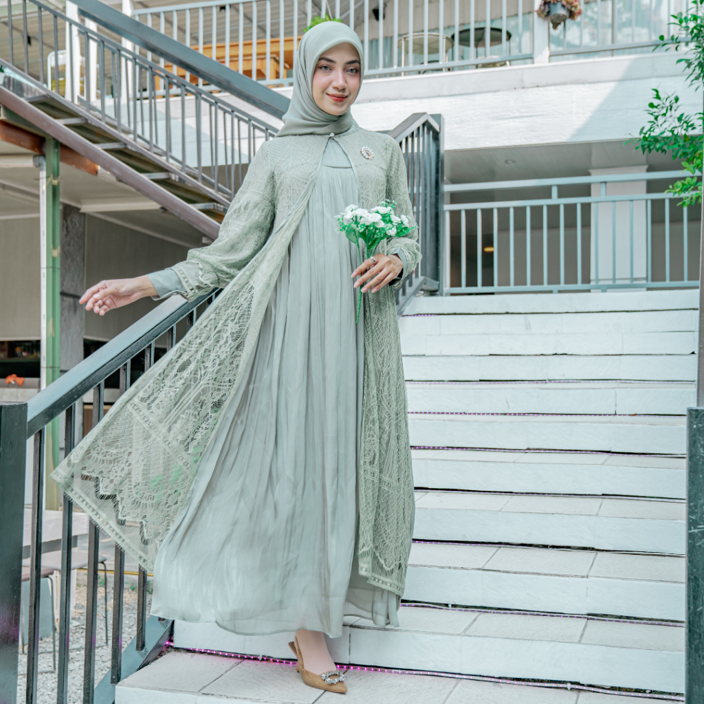 Dress YMD 13039 Korean Lace mix Shimmer Sutra Import wanita muslim fashion hijab terlaris