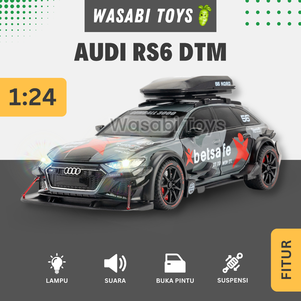 Miniatur Diecast 1:24 Audi RS6 RS 6 DTM (Lampu, Klakson, Suspensi, Roof Box)