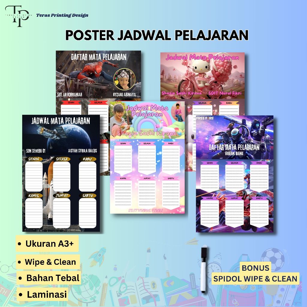 

Poster Jadwal Pelajaran/School Timetable/ untuk anak sekolah custom nama/ Design Menarik / A3