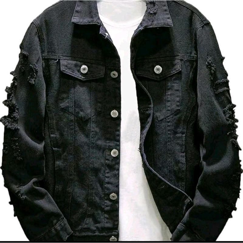 JAKET JEANS PRIA HITAM POLOS SOBEK KANCING ATASAN CASUAL UNISEX DISTRO COWOK KEREN