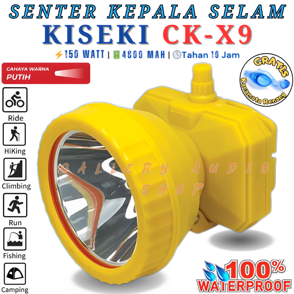 Senter Kepala Selam 150 Watt KISEKI CK-X9 Anti Air Cahaya Putih Super Terang Batrai 5000mAh Bonus Ka