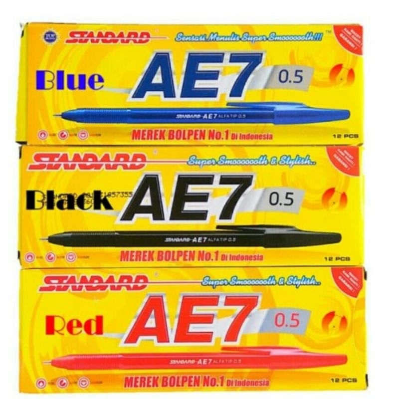 

SELUSIN (12 PCS) Pulpen/Bolpoin/BallPoint Pen STANDARD AE7 0.5 mm Semua Warna (Hitam, Merah, Biru)